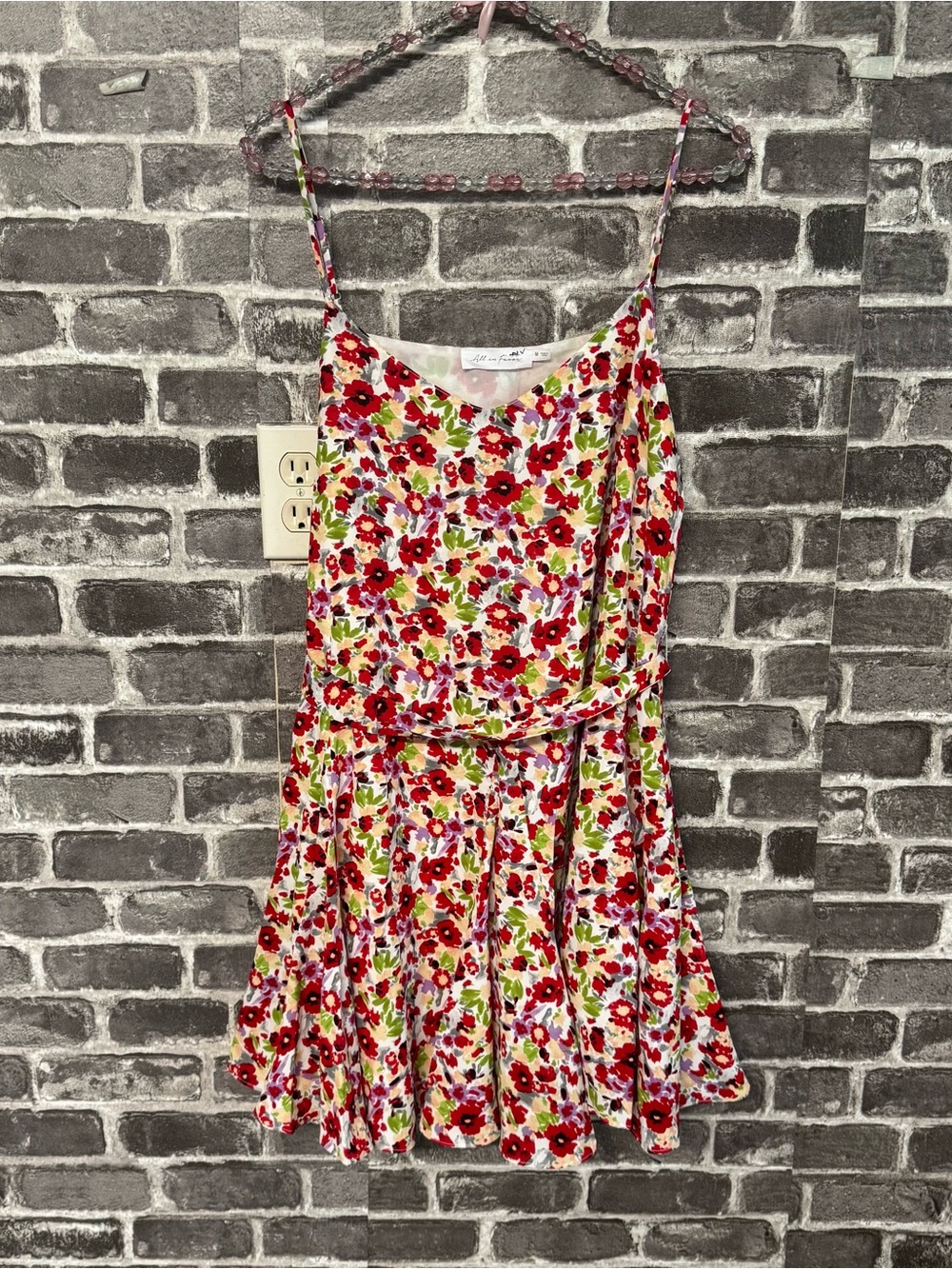 NWT All in Favor mini dress white red floral tie